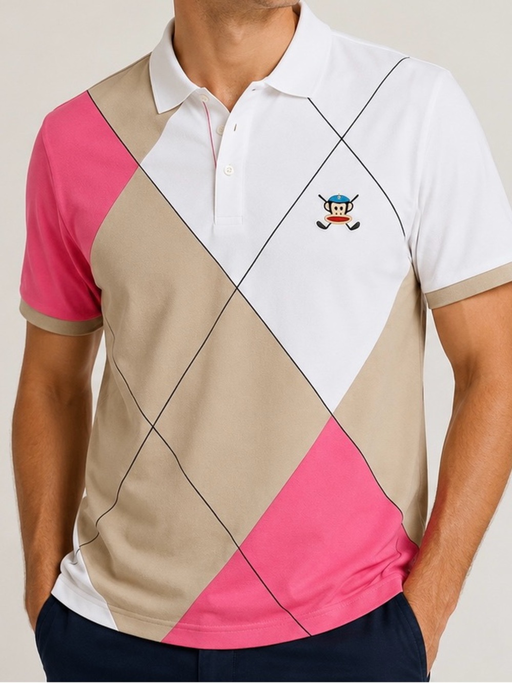 Paul Frank Julius Golf Polo Men 50 L Pink Argyle Embroidered Golfer Retro
